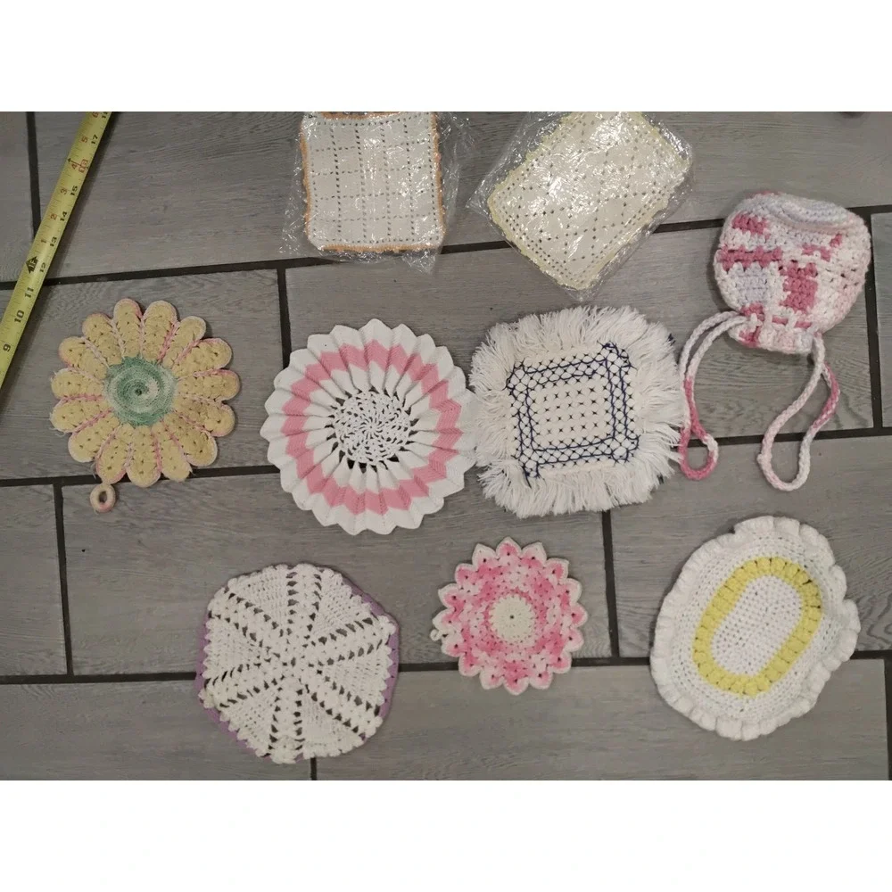 Vintage Handmade Crochet Potholder Doily Set 9pc Mixed Pastels Cottagecore Retro